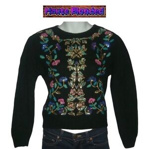 Vintage 80s Art Deco Dynasty Lambswool Embroidered Sequin Metallic Sweater P